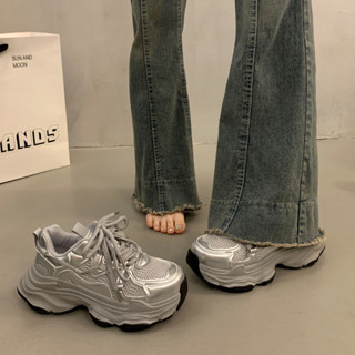 鬆糕厚底老爹鞋 女鞋 銀色6.5CM厚底增高鞋 小個子增高飛織鞋 新款網面透氣休閒運動鞋