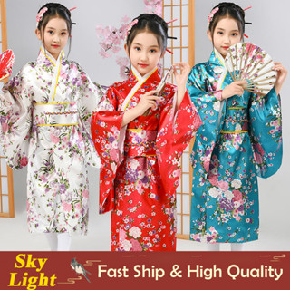 日本傳統和服兒童女孩紅色白色櫻花浴衣花禮服萬聖節表演國慶服裝