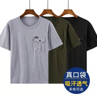 爸爸扣袖t恤短袖大碼真袖中老年夏季汗衫圓領上衣背心爸爸鈕扣口袋半袖t恤短袖大號真口袋bj265d.ph