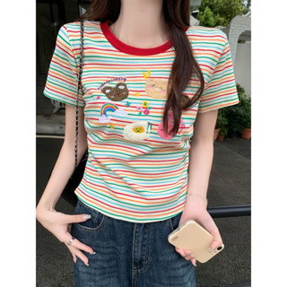 2025夏季日本霸王彩虹條紋卡通刺繡女式短袖t恤