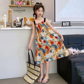 【YAOEENH】120-170CM 夏季女童洋氣無袖洋裝 中大童碎花吊帶顯瘦公主裙 現貨 快速出貨