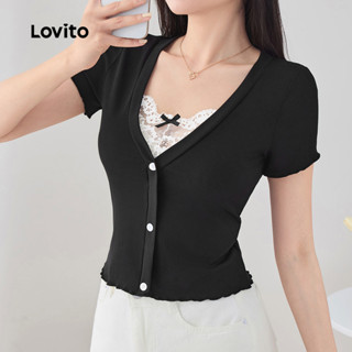Lovito 女士休閒拼布撞色領布料拼接蕾絲 T恤 L129AD1447