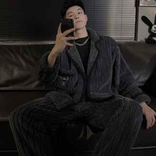 珊瑚絨睡衣男士翻領2024年新款秋冬季法蘭絨家居服加絨加厚套裝