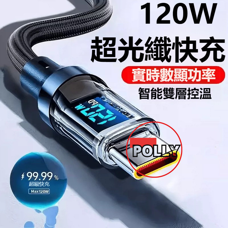 數顯充電線 120W冰透快充線 編織充電線 pd充電線 Type-C 傳輸線 適用 i16 i15 OPPO 小米