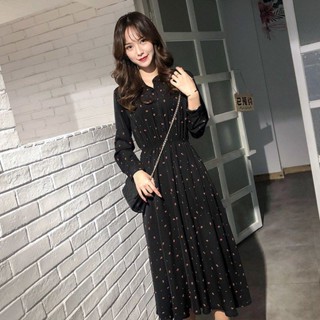 現貨.長洋裝 韓版雪紡碎花洋裝2024春季新款女裝洋氣收腰顯瘦氣質長款長袖小黑裙 長洋 吊帶裙 裙子 大尺碼 a字裙