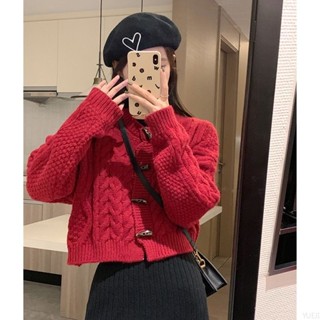 耶誕節衣毛衣 新年衣服 聖誕毛衣 麻花紅色毛衣女 春秋季新款奶系軟糯溫柔韓系秋冬針織小外套外套 大尺碼毛衣 大碼開衫