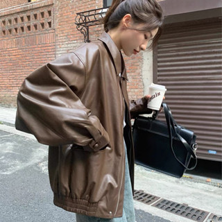 【Season Wardrobe】復古棕色皮衣女短款2024春秋季小個子韓版寬鬆皮夾克帥氣機車外套