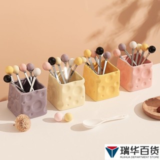 🎉臺灣出貨🎉創意叉 創意乳酪叉子收納罐陶瓷奶油風甜品勺子家用套裝高顏值擺件 可愛叉 小叉子 卡通叉子