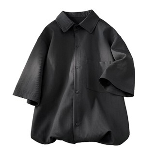 【HOT 本舖】男裝 夏季薄款冰絲襯衫男短袖基礎款高階感痞帥上衣服寬鬆垂感速幹半袖