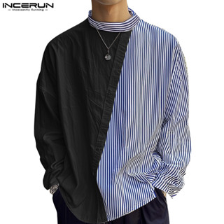 Incerun 男士韓版休閒條紋拼接立領長袖襯衫