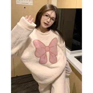 [現貨]冬天珊瑚絨睡衣女 韓版IG新款刷毛加厚居家服 可愛蝴蝶結睡衣 秋冬保暖搖粒絨家居服 寬鬆休閒大尺碼可外穿1143