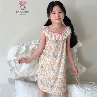【YAOEENH】100-160CM 夏季女童中式飛袖碎花旗袍裙 中大童復古中國風洋裝 現貨 快速出貨