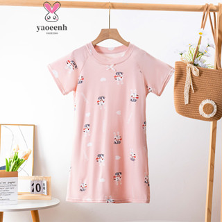 【YAOEENH】90-150CM 夏季女童卡通短袖睡衣公主裙 中兒童牛奶絲家居空調服 現貨 快速出貨