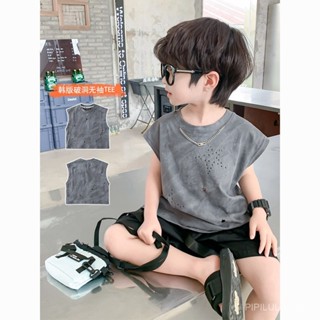 PIPILULU.KIDS夏季童裝夏裝男童新款薄款韓版無袖2025破洞兒童寶寶背心上衣新款韓版舒適爆款百搭 2025