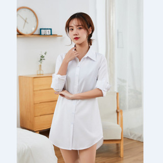 長版襯衫 襯衫 襯衫女 工廠直銷白色襯衫女裝中長款長袖寬鬆男朋友風睡衣防曬衣大尺碼上衣