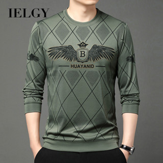 IELGY 男士秋冬新款植絨印花長袖圓領t恤休閒上衣
