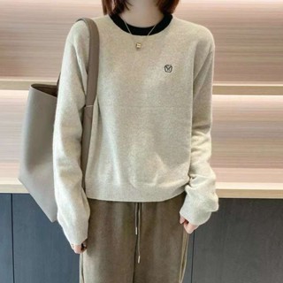 【NZN】 韓版秋冬拼色刺繡圓領羊絨針織女冬季寬鬆毛衣撞色羊毛打底