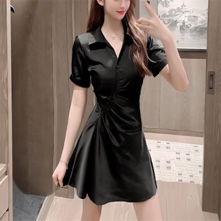 【小個子】洋裝洋氣黑色連衣裙女春夏季褶皺收腰顯瘦氣質厭世風小黑裙小個子裙子短洋裝韓版夏季連身裙【TKG】