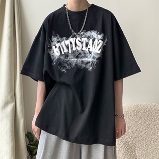 【HOT 本舖】男裝 美式復古vintage字母白色純棉短袖T恤男夏季寬鬆chic港味半袖上衣