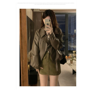 【HOT 本舖】 美式復古pu皮衣外套女2024秋季小個子寬鬆顯瘦機車服短款夾克上衣