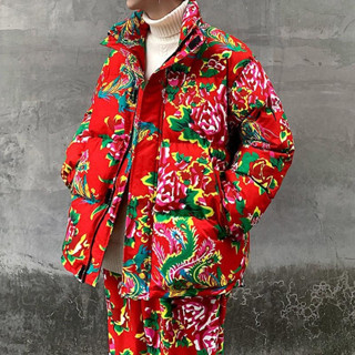 東北大花棉襖子 中國風衣服 情侶加厚棉衣 棉服外套 套裝棉褲子 男女衕款東北大花佈棉襖 冬季國潮情侶裝新款 網紅熱門痞帥