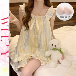 🌸WIE' Y🌸「帶胸墊睡衣」純棉睡衣 夏季甜美可愛泡泡棉睡衣 薄款家居服套裝 睡衣套裝 吊帶睡衣 夏天睡衣 女生睡衣