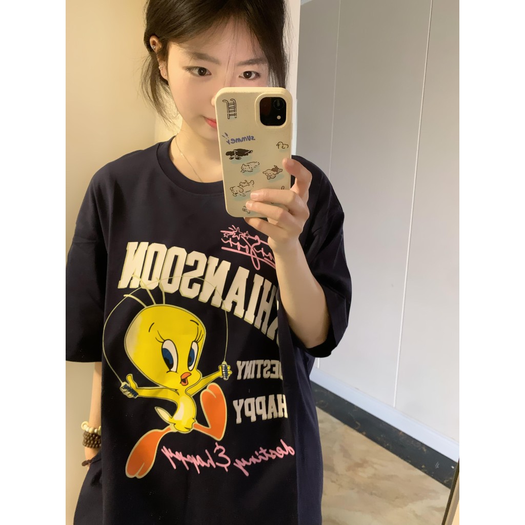 【檸檬】棉 崔弟鳥（前印花）寬鬆短袖t恤女