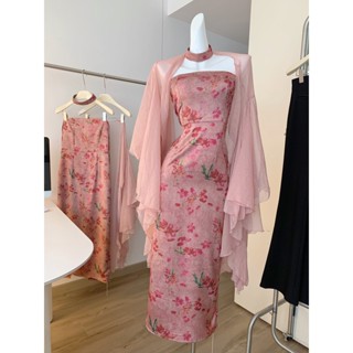 YIFENZI 旗袍✨改良旗袍女 新中式國風女裝 新款氣質古風漢服掛脖連衣裙 復古國風碎花旗袍連衣裙 開衫 一字領洋裝