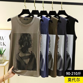 胖胖美依 L-6XL 無袖上衣 背心 居家服 吊帶 中大尺碼 新款莫代爾圓領印花背心百搭無袖T卹休閒上衣-5004.