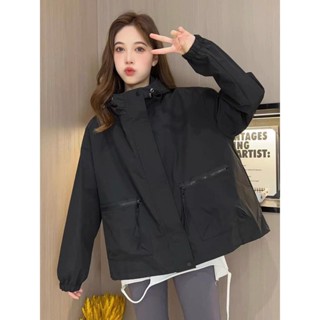 現貨.小外套 韓版素色拉鍊連帽小個子風衣女2024新款寬鬆遮肉休閒立體衝鋒衣外套潮 保暖外套 長袖外套 外套風衣