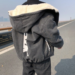 連帽牛仔外套加絨保暖冬季牛仔外套內刷毛羊羔毛外套男冬季加絨加厚保暖棉衣潮流韓版寬鬆連帽拚接牛仔棉服