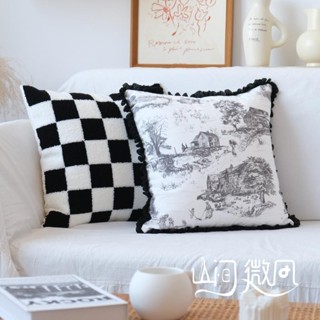 ♡中古風抱枕♡現貨 法式硃伊紋靠包 複古棊盤格抱枕黑色靠枕編織皮革美式沙髮靠墊黑白