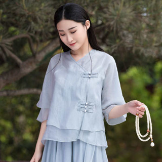 初色 服飾 原住民服飾 繡花漢服女 唐裝女中國風漢服大碼夏胖mm改良旗袍式上衣連衣裙禪意茶服兩件套