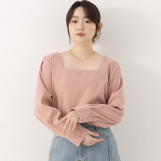 【PolyLulu】 MISS.優雅莫蘭迪系方領斜紋磨毛長袖上衣 中大尺碼上衣