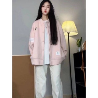 💖臺灣出貨💖 高街學院風邊條開衫棒球服外套女 春秋款寬鬆百搭慵懶風長袖上衣 休閒運動風百搭長袖外套 春秋外套