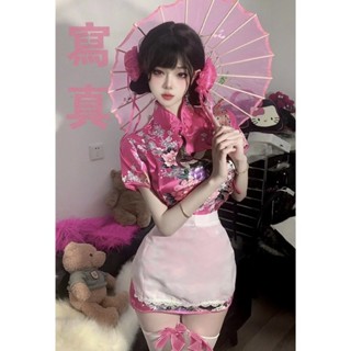 小廚娘中式改良旗袍純欲印花洋裝蕾絲圍裙cos國風套裝裙夏季女