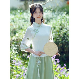 繡花漢服女 初色 服飾 原住民服飾 民國風女修身旗袍上衣薄款漢元素日常漢服套裝文藝氣質唐裝茶藝服