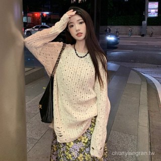 [現貨]針織 針織衫 破洞 鏤空 毛衣女 春夏上衣 設計感 中長款 慵懶風 寬鬆 套頭針織罩衫上衣女 90-120斤可選