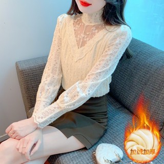襯衫女2024秋裝新款網紗蕾絲打底衫洋氣內搭小衫時尚加厚加絨上衣