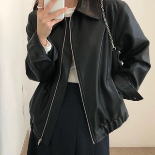 韓國chic秋季個性帥氣翻領拉鍊設計寬鬆休閒長袖機車服皮衣外套女