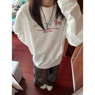 【Aonu】韓係chic白色100%純棉長袖T恤女早秋新款寬鬆遮肉ins顯瘦貓咪上衣