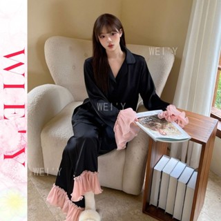 🌸WIE' Y🌸 長袖睡衣套裝 睡衣女冰絲秋冬新款法式高階木耳邊喇叭袖甜美公主法式絲綢家居服