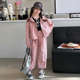 【YAOEENH】120-160CM 女童休閒工裝風套裝 中大童連帽小外套外套運動兩件套 現貨 快速出貨