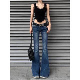 臺灣出貨🌸歐美復古水洗深藍色低腰牛仔褲女 2025夏季薄款y2k辣妹顯瘦微喇褲 牛仔褲低腰 辣妹牛仔褲 辣妹褲