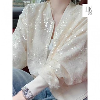 【H Kun】重工亮片短版外套女小香風2025年早春新款寬鬆薄款休閒棒球服上衣