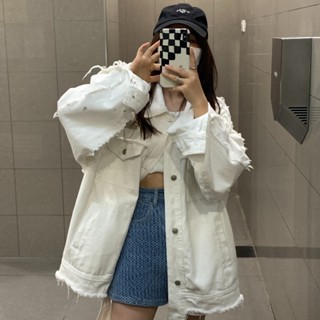 【HOT 本舖】 白色水洗毛邊牛仔外套男女2024年春秋新款寬鬆百搭情侶夾克上衣潮