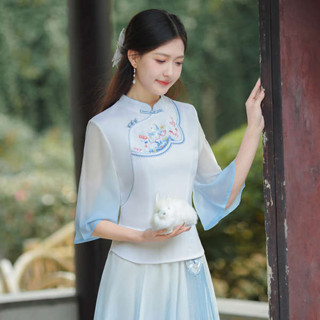 初色 服飾 繡花漢服女 原住民服飾 新中式刺繡花立領旗袍上衣中國風女唐裝兩件套採耳師茶藝服漢服女