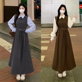 M-4XL 韓系設計感假兩件簡約長款連身裙 大尺碼女裝 A字裙 大碼洋裝 修身顯瘦洋裝 學院風洋裝 秋天女裝