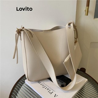 Lovito 休閒素色包帶袋通勤大容量水桶紋理簡約女式小斜揹包 LFA54HU237