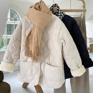 【黎安服飾】 無領加絨拼接輕薄菱形格冬裝韓版寬鬆小香風菱格保暖棉衣棉服女